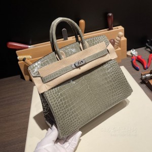 hermes birkin 25cm 铂金包 porosus湾鳄鱼皮 shiny亮面 81斑鸠灰 银扣(爱马仕的柏金 ( birkin ) 鳄鱼皮手袋)