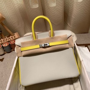 hermes birkin 25cm 铂金包 swift皮 80珍珠灰拼9R柠檬黄 银扣(爱马仕铂金包橙色怎么样)