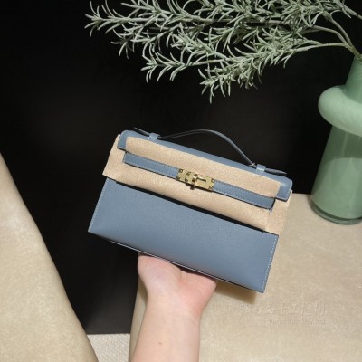 hermes mini kelly Pochette 21cm 一代 swift皮 J7亚麻蓝 金扣(爱马仕herbag金扣) 尺寸