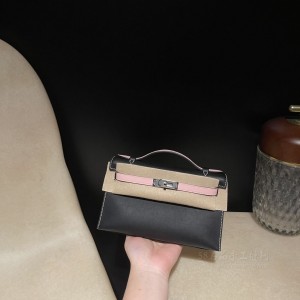 hermes mini kelly Pochette 21cm 一代 swift皮 89黑色拼3Q粉银扣(hermes mini kelly价格) 尺寸