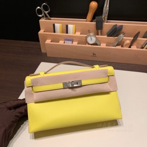 hermes mini kelly Pochette 21cm 一代 swift皮 9R柠檬黄 银扣(hermes mini lady) 价格