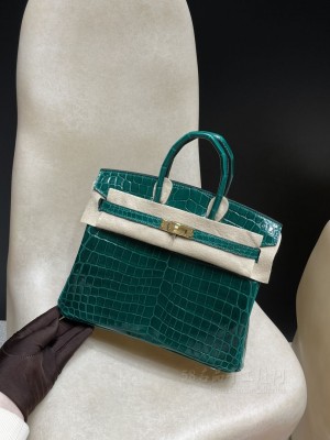 hermes birkin 25cm 铂金包 尼罗鳄鱼皮nilo crocodile shiny亮面 两点6Q 翡翠绿Vert Emeraude 金扣