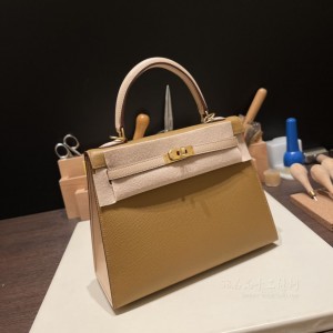 hermes kelly 25cm 凯莉包 epsom皮 拼色 青铜色拼蔷薇粉 拉丝金扣(爱马仕凯莉包二代mini凯莉包价格)