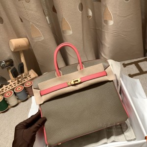 hermes birkin 25cm 铂金包 epsom皮 马蹄vip定制款 18大象灰拼8W唇膏粉金扣(爱马仕birkin25大象灰)