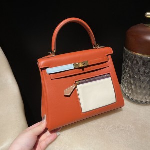 hermes kelly Colormatic 25cm swift皮 限定六拼色 6C 南瓜色 金扣(爱马仕南瓜色难买吗) 官网