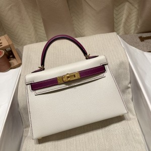 hermes mini kelly 19cm 二代 epsom皮 01纯白拼拼P9海葵紫 金扣