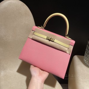 hermes kelly 25cm 凯莉包 epsom皮 1Q奶昔粉拼1Z小鸡黄 金扣