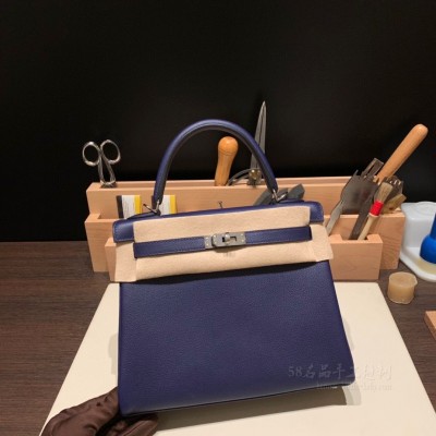 hermes kelly 25cm 凯莉包 <strong>Evercolor</strong>皮 M3水墨蓝内拼覆盆子红 银扣(爱马仕凯莉包哪个颜色好看)
