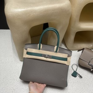 hermes birkin 30cm 铂金包 TC Clemence皮 8F锡器灰拼Z6孔雀绿 银扣