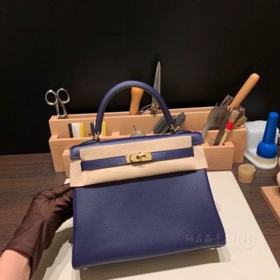 hermes kelly 25cm 凯莉包 <strong>Evercolor</strong>皮 M3水墨蓝内拼覆盆子红 金扣(凯莉包 爱马仕 价格)