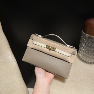 hermes mini kelly Pochette 21cm 一代 swift皮 18大象灰拼 10奶昔白 银扣 价格