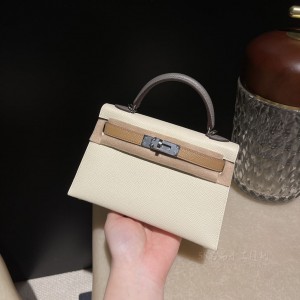 hermes mini kelly 19cm 二代 epsom皮 i2奶油白拼0M玛萨拉茶色拼0L积雨云灰 银扣