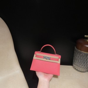 hermes mini kelly 19cm 二代 山羊皮Chevre 8W唇膏粉内拼L3玫瑰紫 银扣