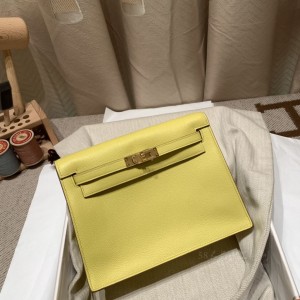 hermes kelly Danse 跳舞包 evercolor皮 9R柠檬黄 金扣