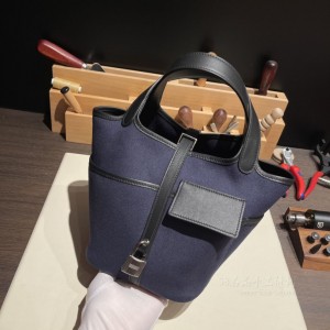 hermes picotin Cargo 菜篮子 swift皮拼帆布 18cm 73宝石蓝拼89黑色 银扣(hermes菜篮子18价格)