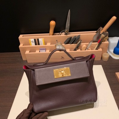 hermes kelly 2424 mini <strong>Evercolor</strong>皮拼swift皮 0G马鞍红内拼覆盆子 金扣(hermes皮革)