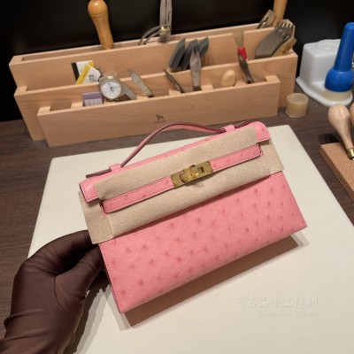 hermes mini kelly Pochette 21cm 一代 南非KK鸵鸟皮ostrich L4泡泡粉 金扣(爱马仕鸵鸟皮birkin) 图片