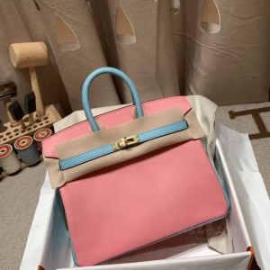 hermes birkin 25cm 铂金包 epsom皮 马蹄vip定制款 1Q奶昔粉拼3P马卡龙蓝 金扣