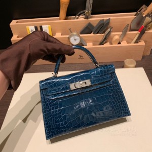 hermes mini kelly 19cm 二代 Alligator美洲鳄鱼皮 W0博斯普鲁斯绿 银扣(爱马仕鳄鱼皮bk25)